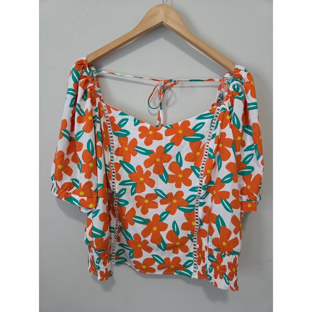 Milk & Honey Floral Puff Sleeve Blouse Orange Green Smocked Top 2X 32285TX